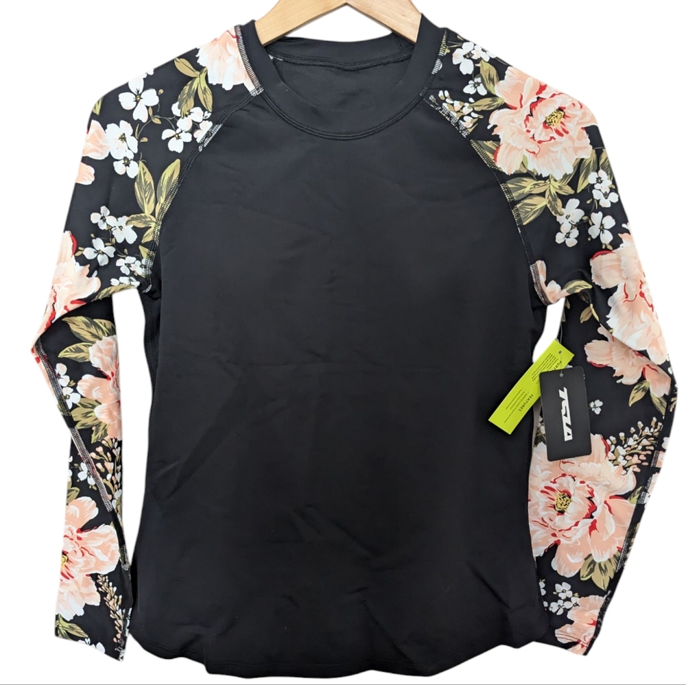 TSLA Athletic Top Rash Guard Small‎ Black Floral